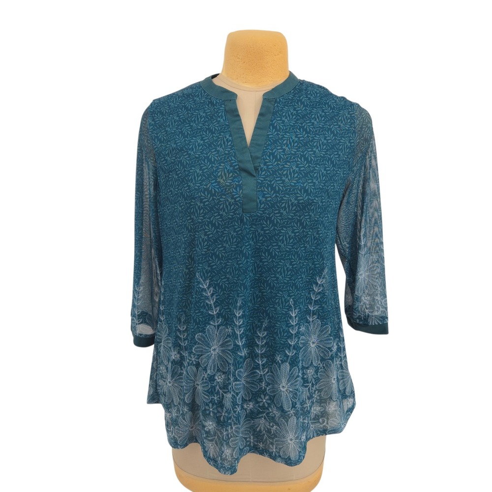 Timeson Blouse Women XL Teal Floral Mesh Overlay 3/4 Sleeve V-Neck Casual Top